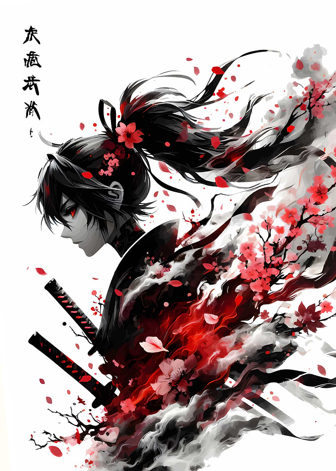 Anime Samurai with Cherry Blossoms