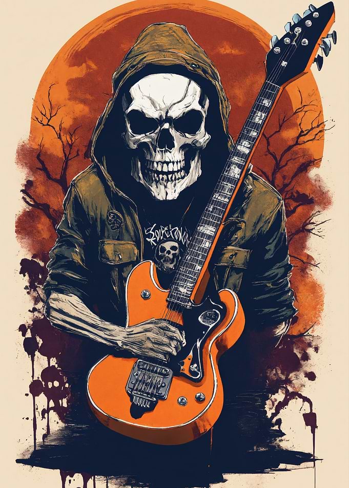 Skull Guitarist with Orange Guitar