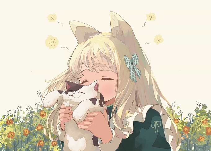 Girl with Cat and Flower Garden
