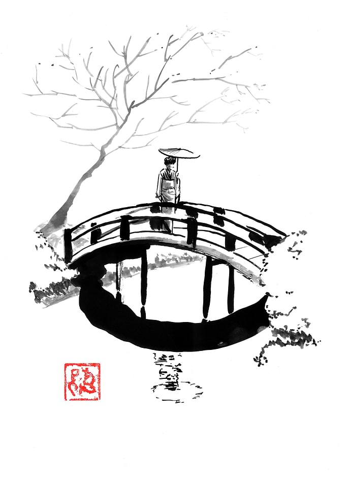Japanese Bridge with Geisha Ink Painting