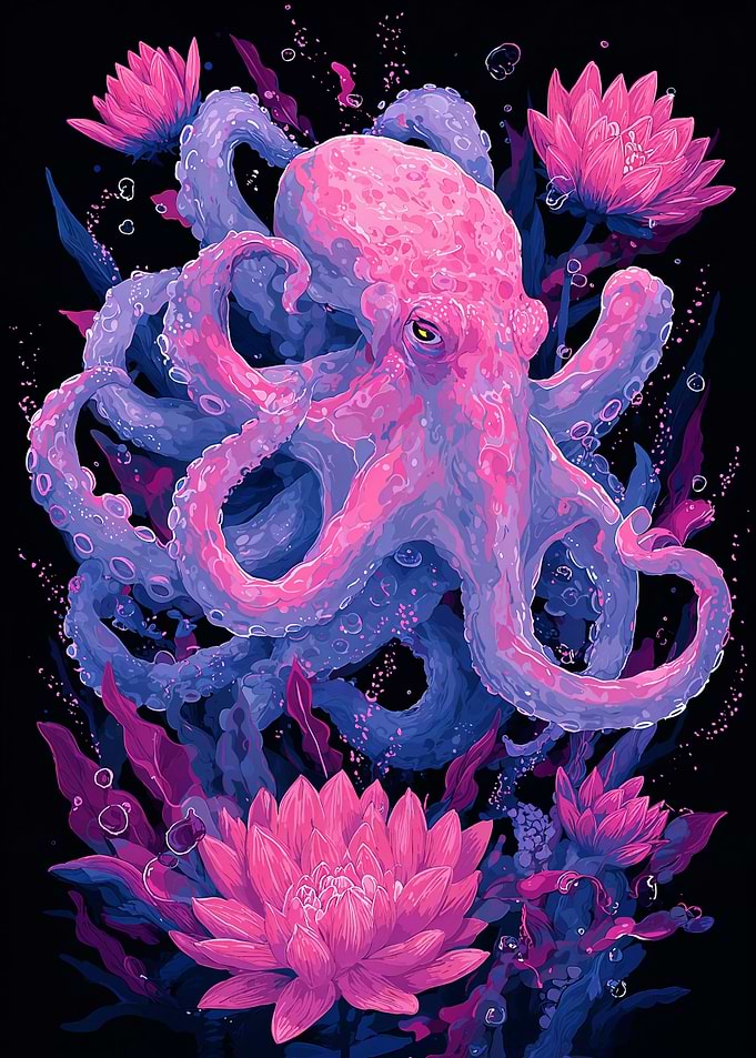 Octopus with Lotus Flowers Illustration
