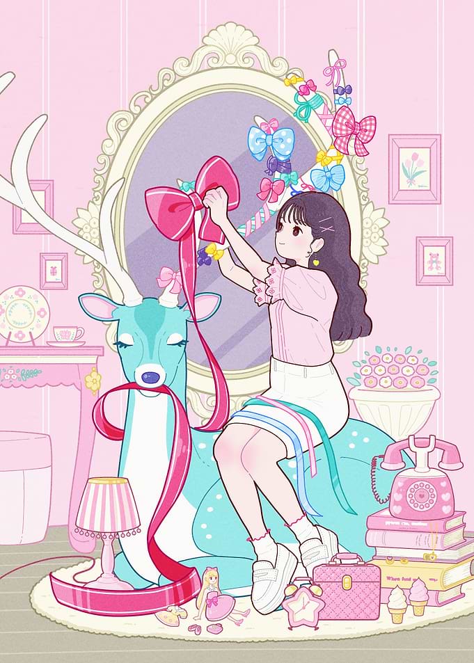 Girl Decorating Deer with Bows