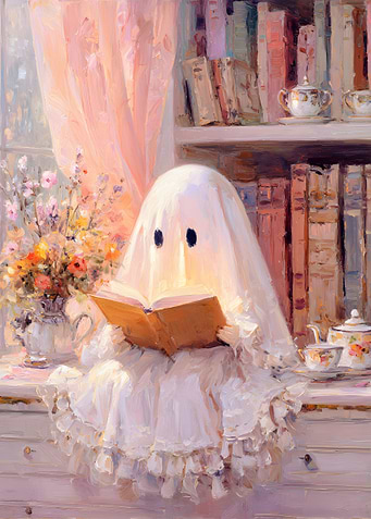 Ghost reading a book by window