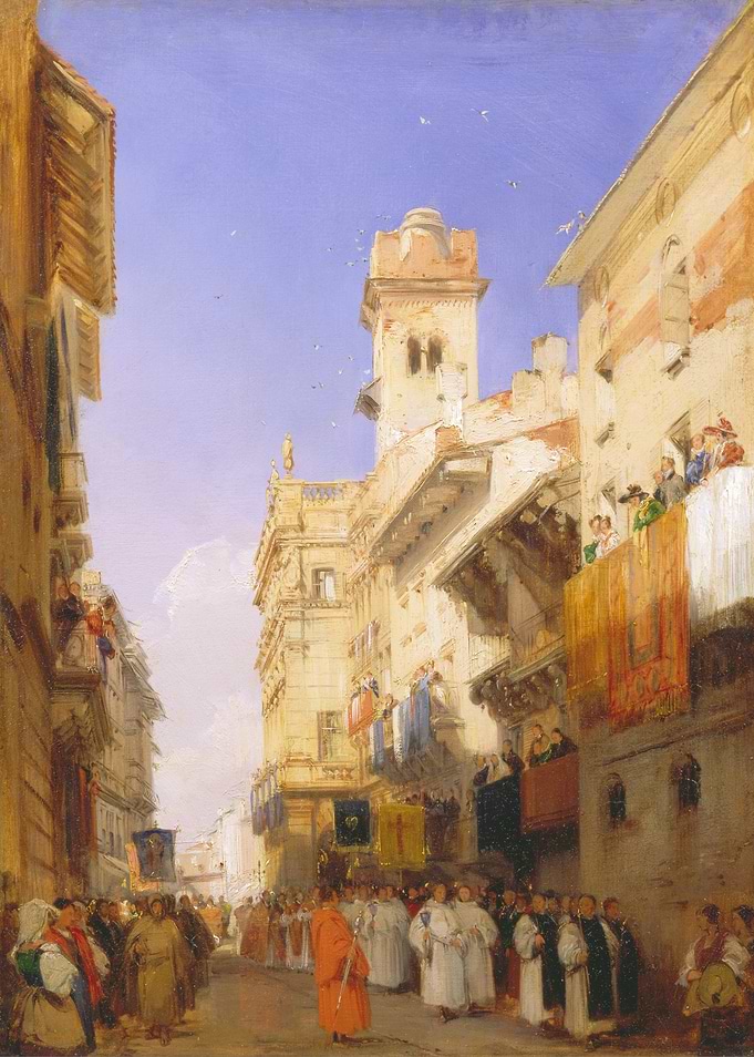Procession in a European City Painting