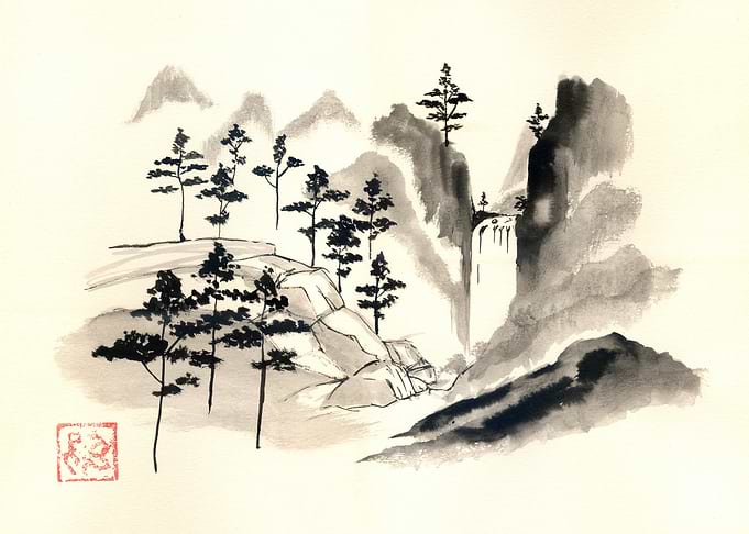 Ink Wash Painting of Mountain Landscape