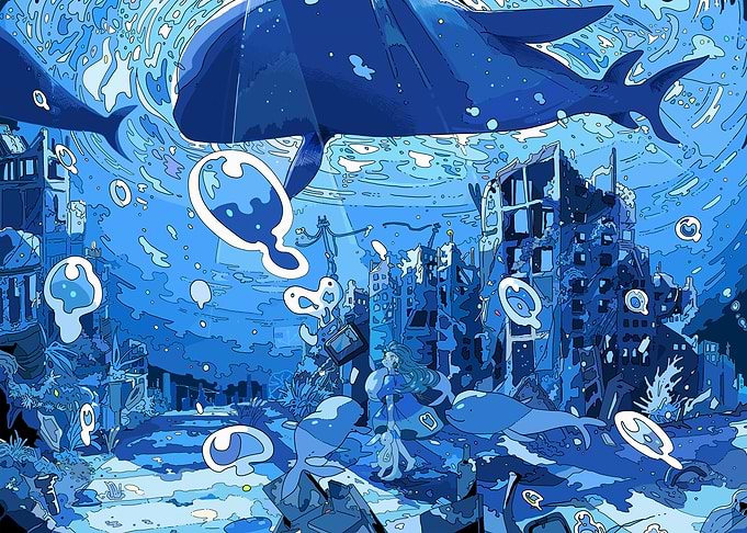 Underwater Cityscape with Whales and Girl
