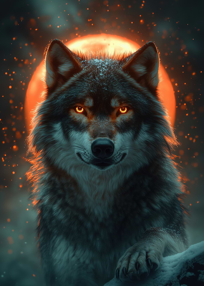Wolf with Glowing Eyes and Moon