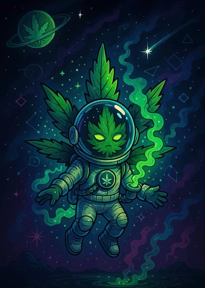Astronaut with Marijuana Leaf in Space