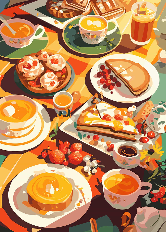 Breakfast Still Life with Pancakes and Tea