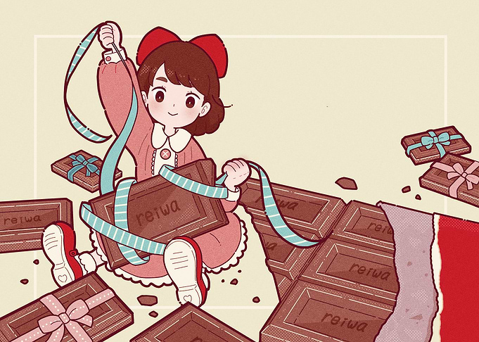 Girl with Chocolate Bars and Ribbons