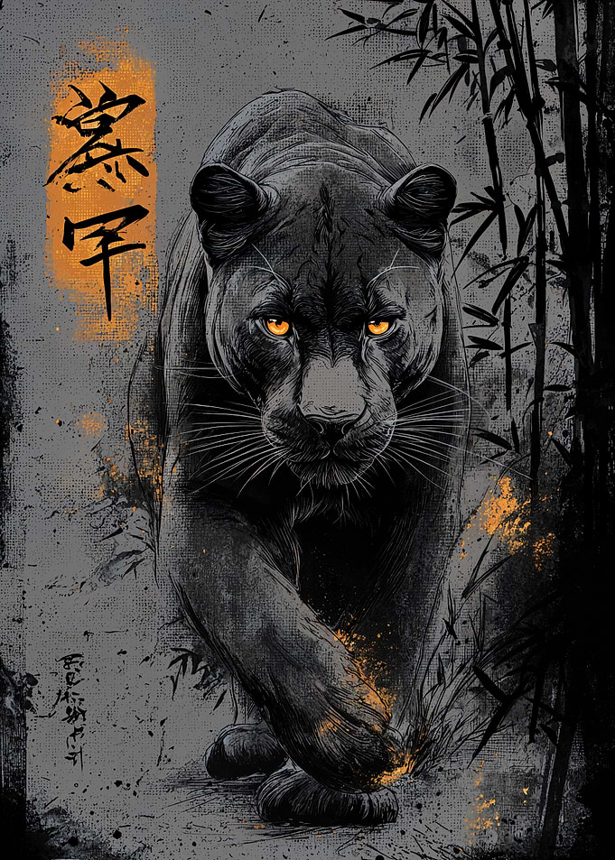 Black Panther with Bamboo and Text