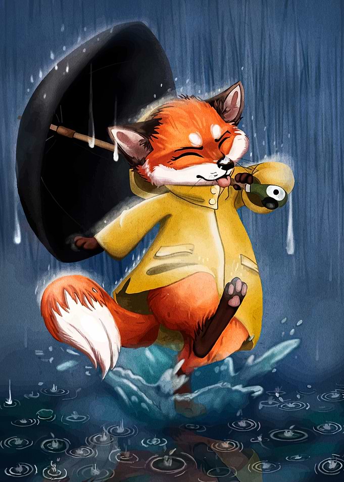 Joyful Fox in Rain