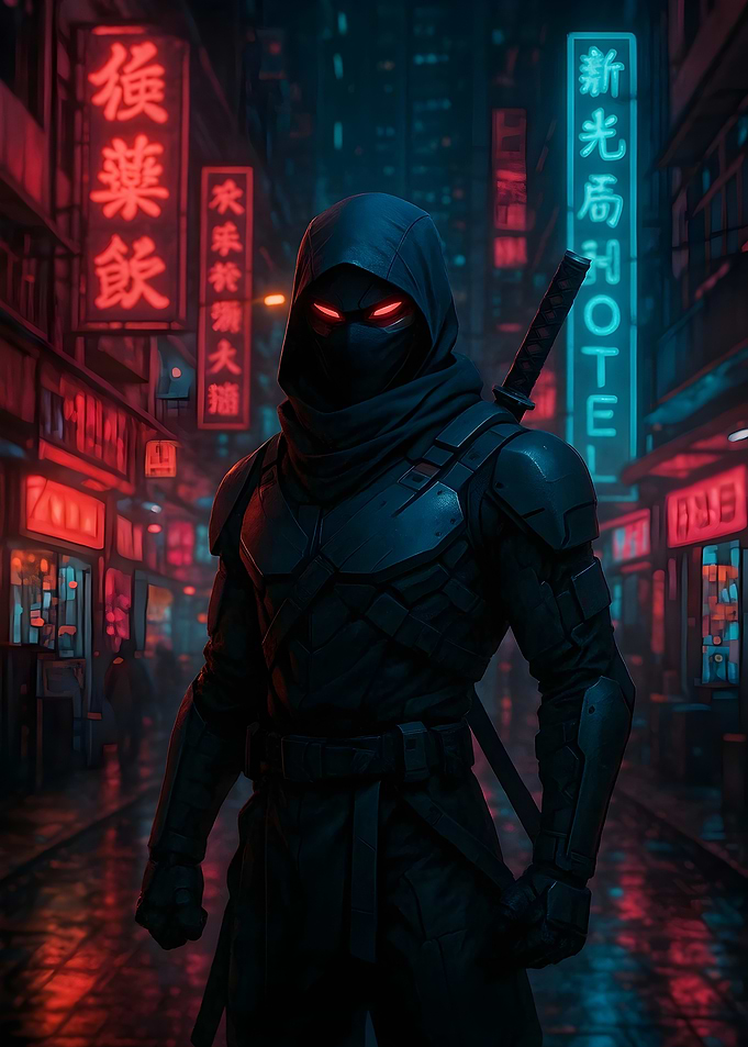 Cyberpunk Ninja in Neon Cityscape