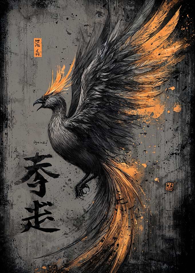 Phoenix Rising: Black and Gold Illustration