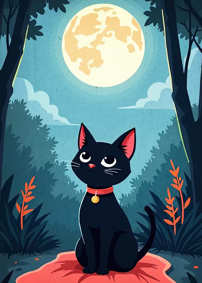 Black Cat Under Moonlight Cartoon Illustration