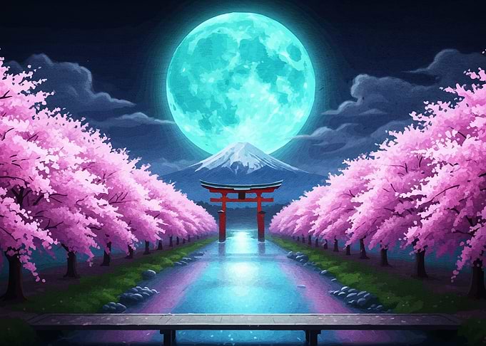 Japanese Cherry Blossoms Moon