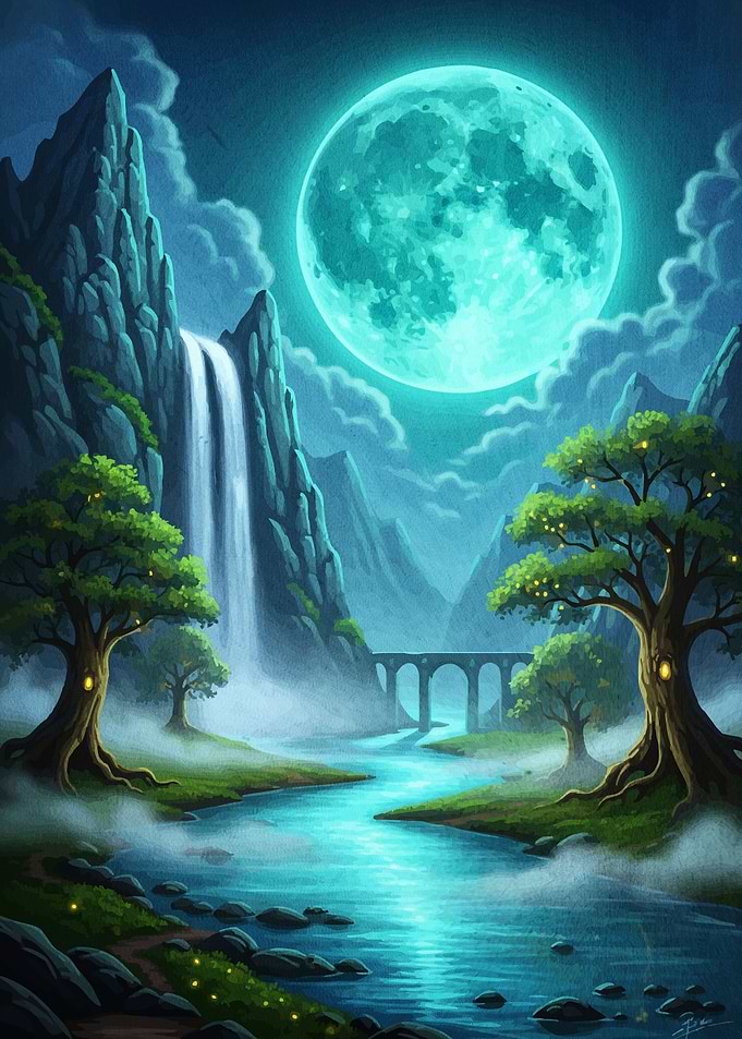 Fantasy Landscape Waterfall Moon