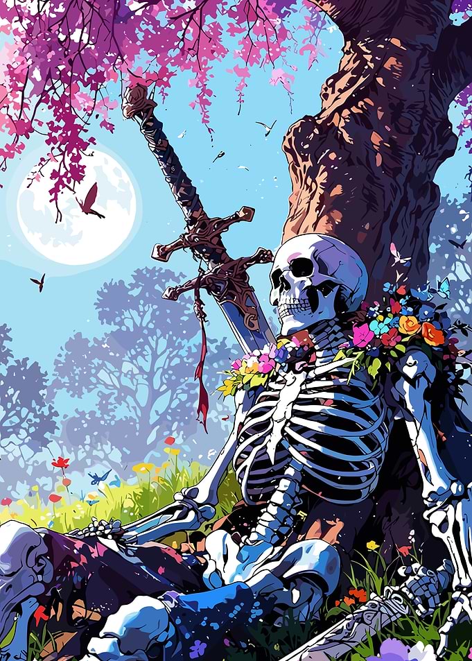 Resting Skeleton with Sword and Flowers