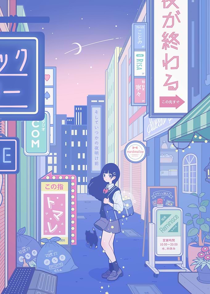 Anime Girl in Cityscape at Night