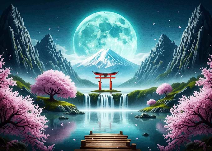 Japanese Landscape Torii Gate Moon