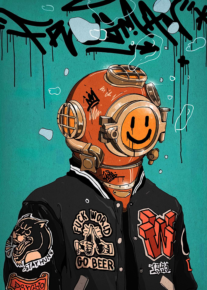 Diver with Smiley Face and Patches