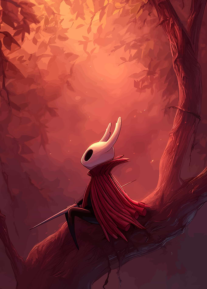 Hornet from Hollow Knight on tree