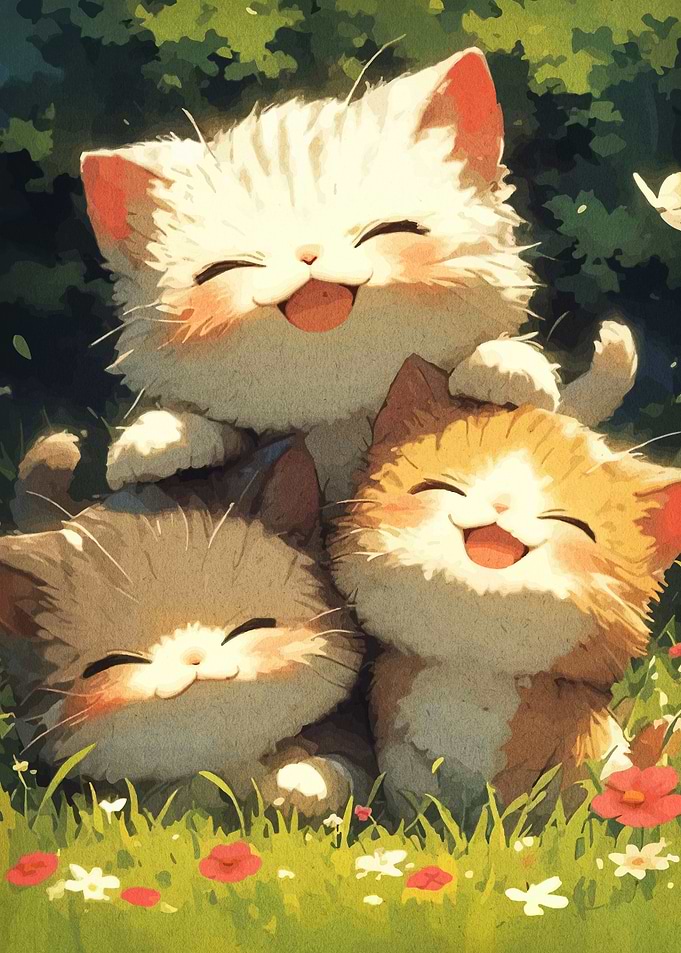 Three Smiling Cats in a Meadow