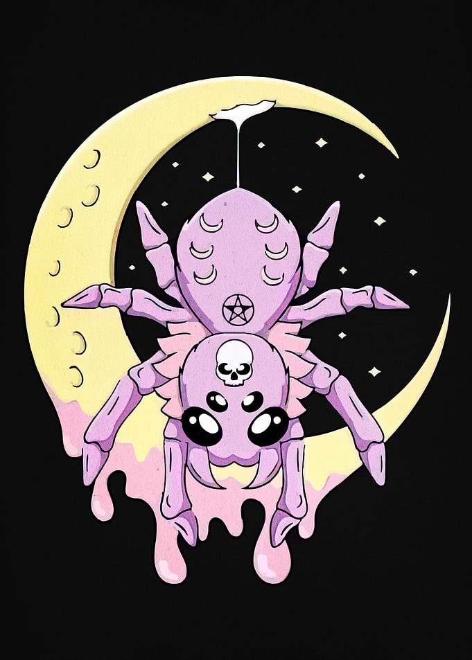 Cute Pastel Spider Hanging from Moon
