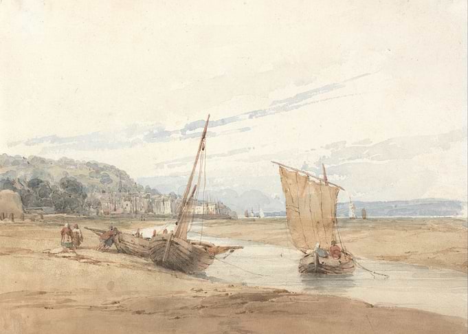 Watercolor painting of boats on shore