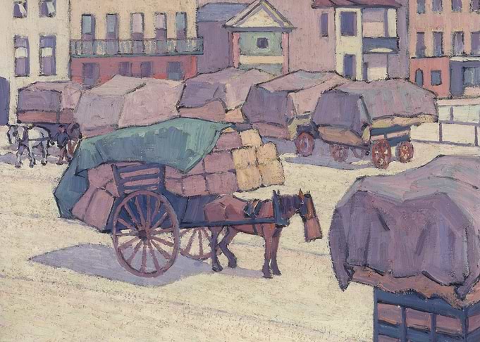 Horse-drawn carts in a town square