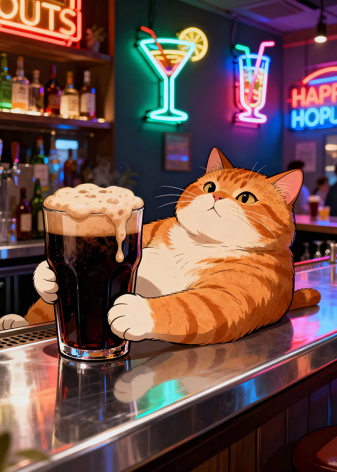 Cat at the Bar with Beer