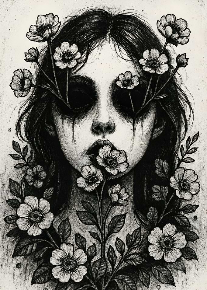 Floral Woman Portrait in Graphite Style