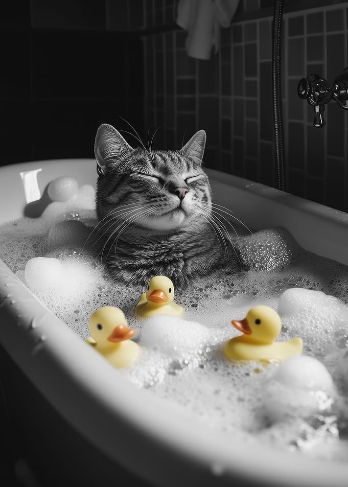 Cat in Bathtub with Rubber Ducks Funny Bathroom Poster