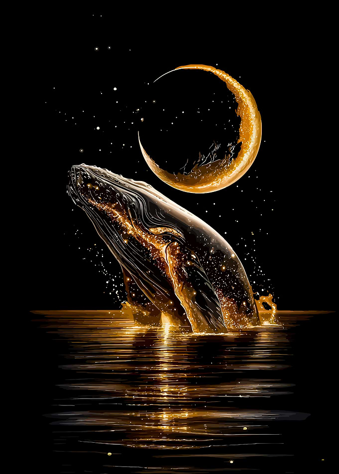 Golden Whale Leaping Under Crescent Moon
