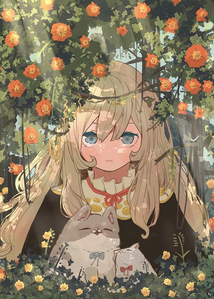 Anime Girl with Cats in Flower Garden