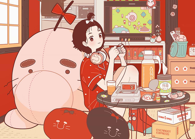 Girl Gaming with Plushies in Room