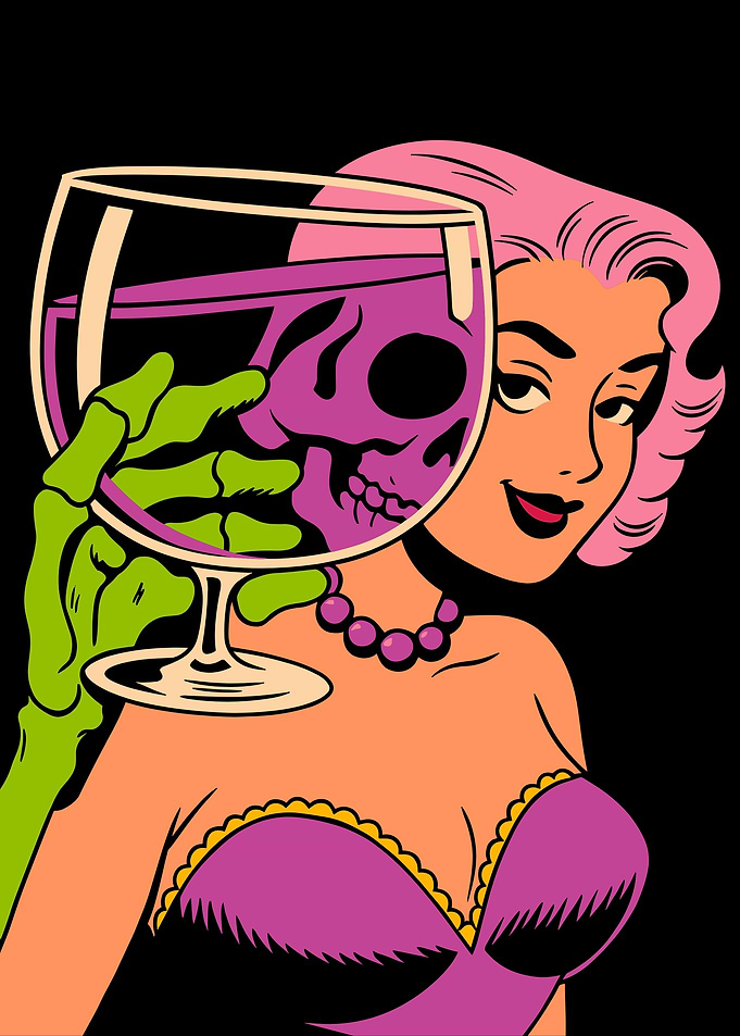 Pop Art Woman with Skull Wine