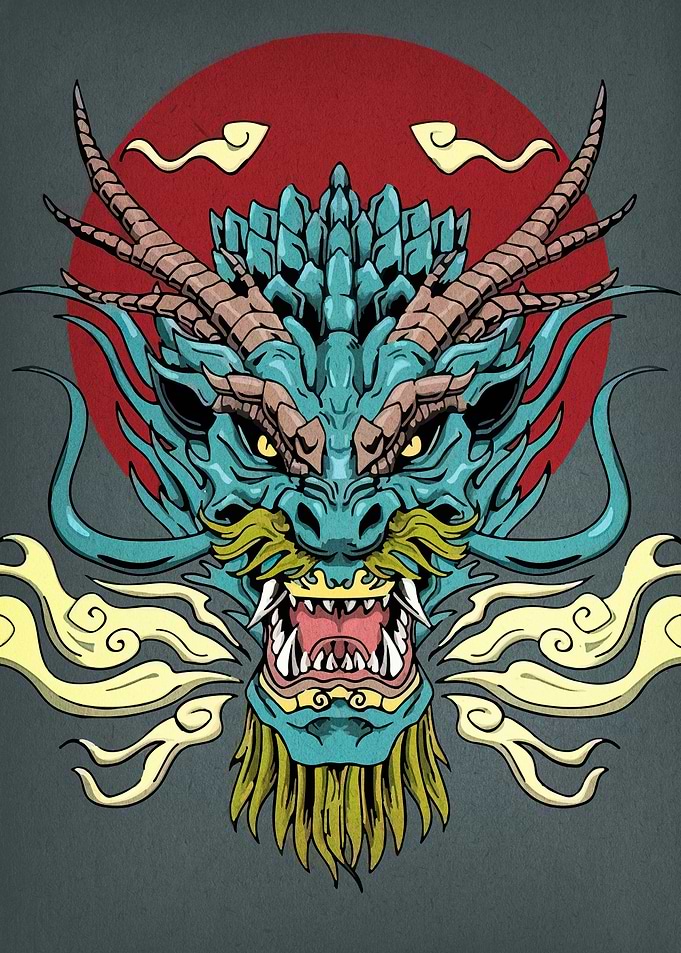 Dragon Head Illustration with Red Sun