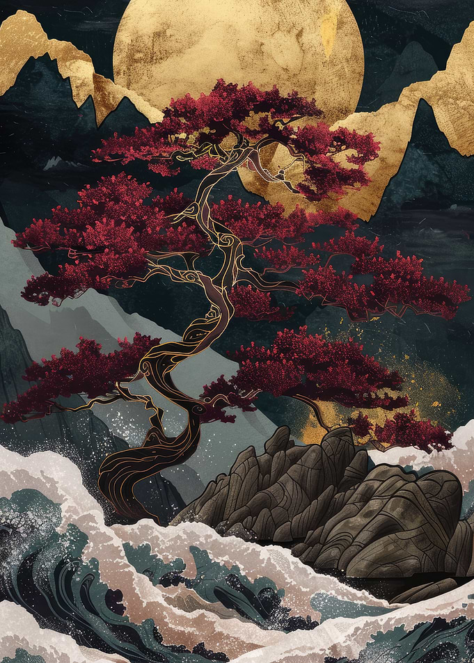 Kintsugi Art Print of Japanese Tree with Moon and Waves
