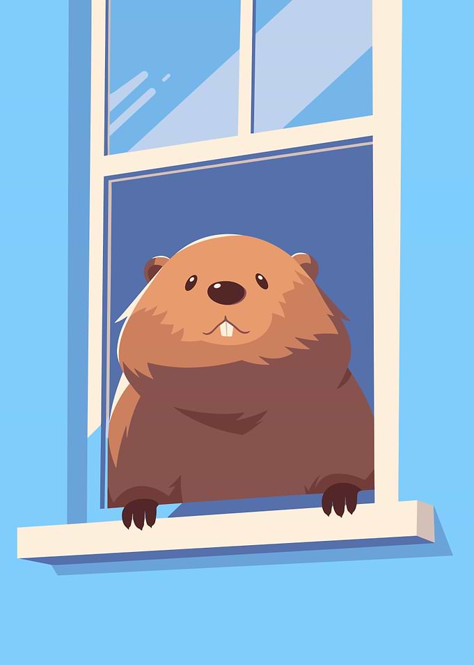 Cartoon Beaver Looking Out Window