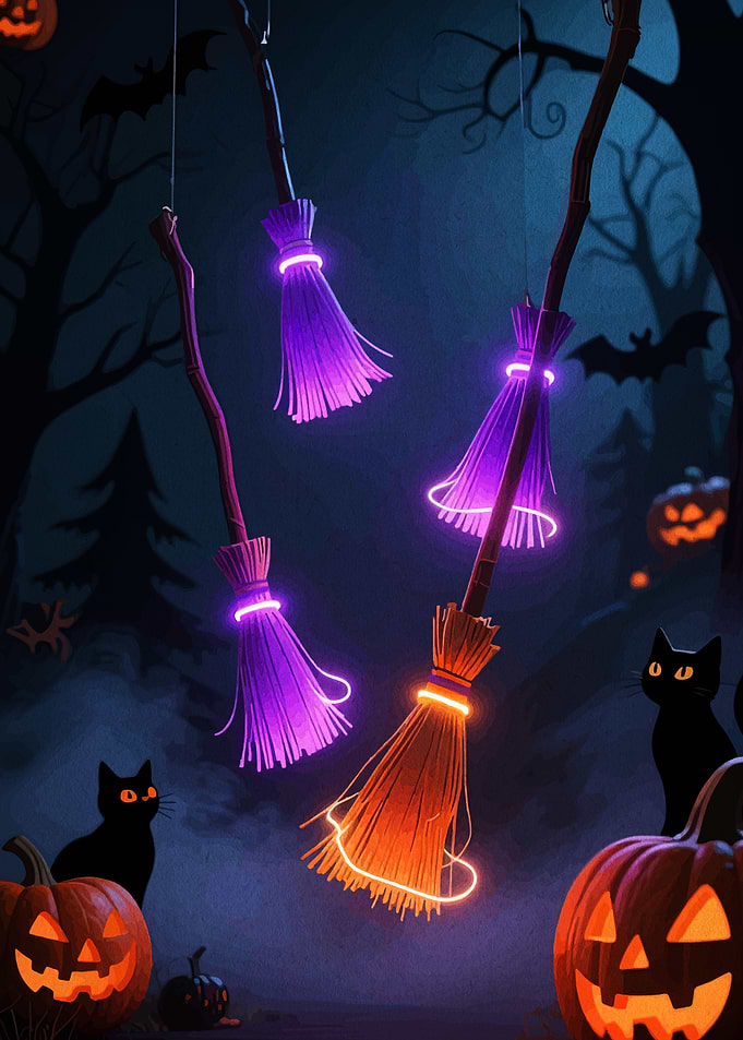 Halloween Night with Glowing Brooms