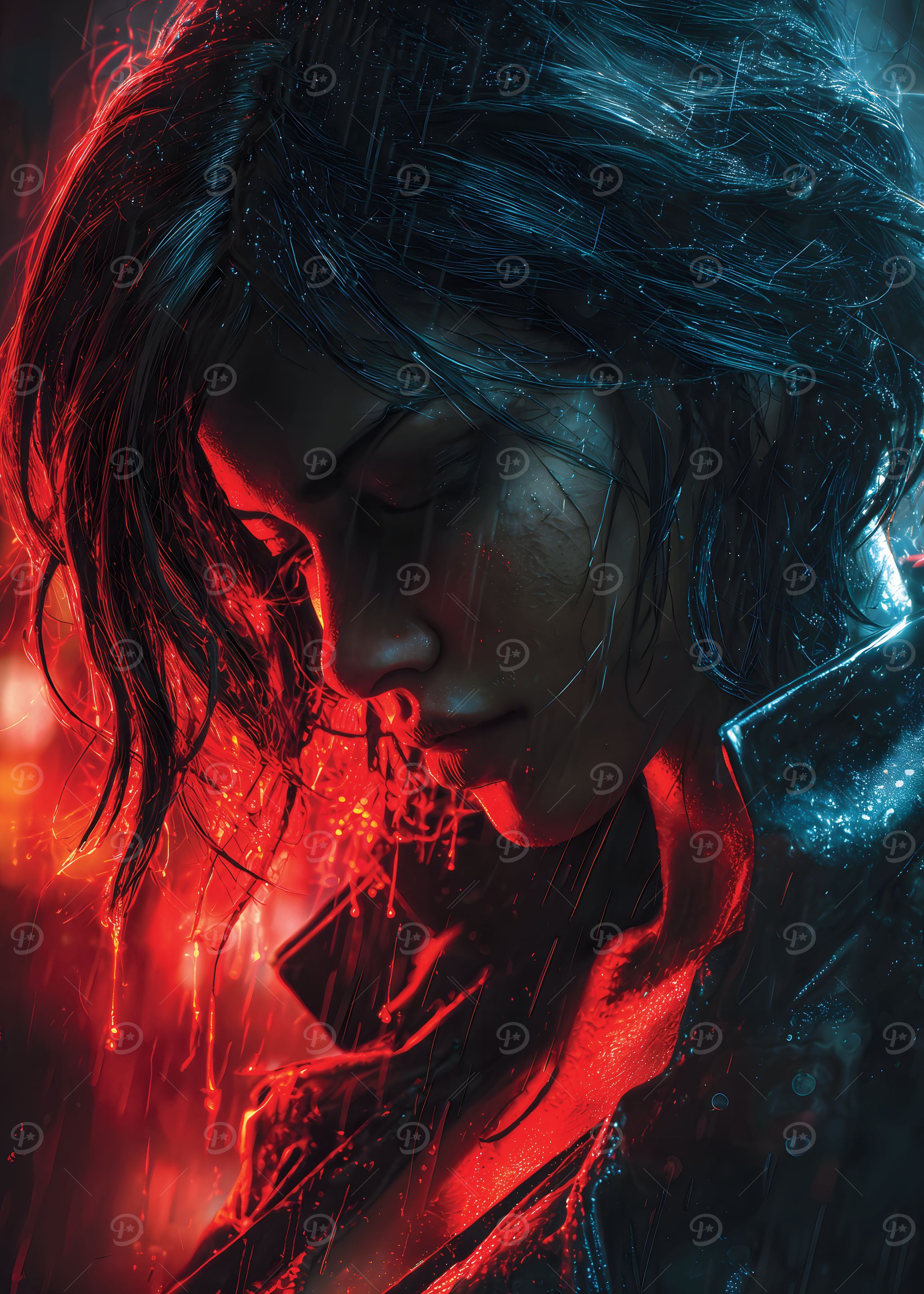 Woman in Rain, Red and Blue