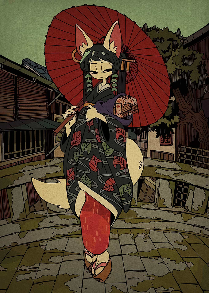 Fox Girl in Kimono with Umbrella