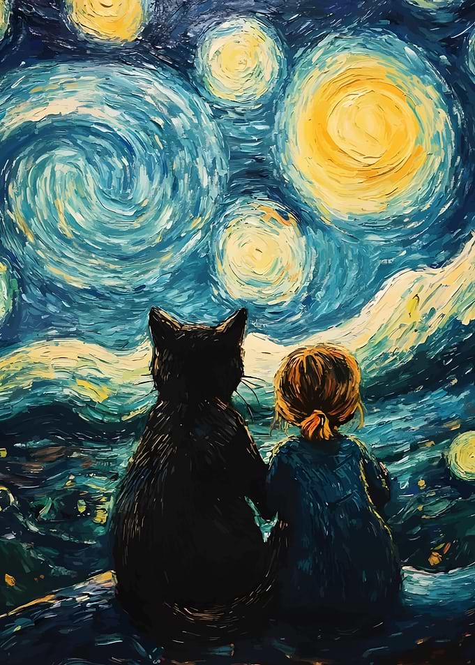 Girl and Cat Under Starry Night