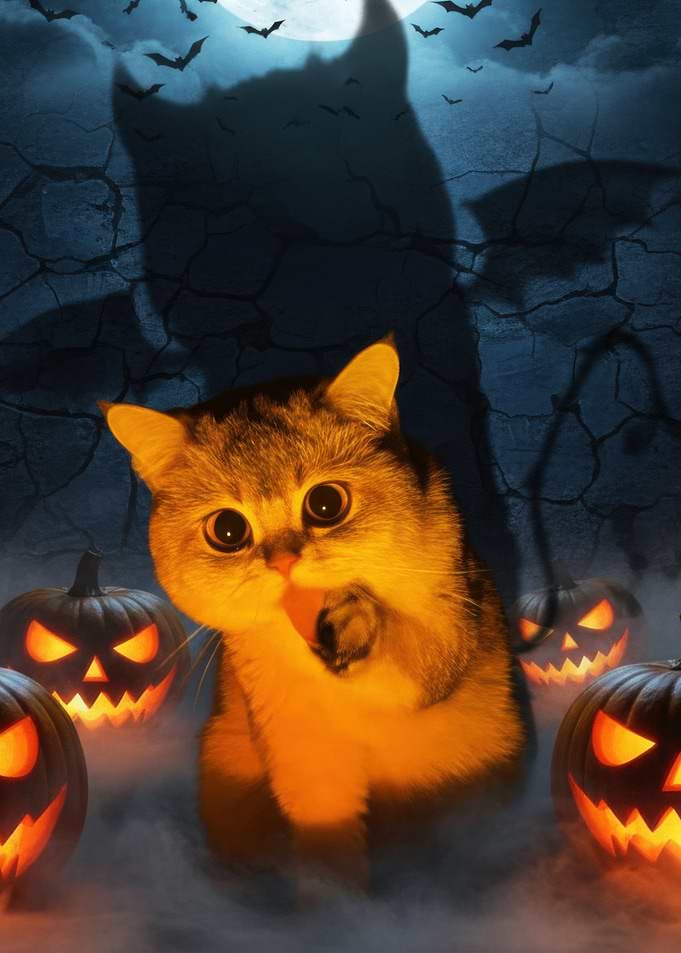 Halloween Cat with Jack-o'-Lanterns