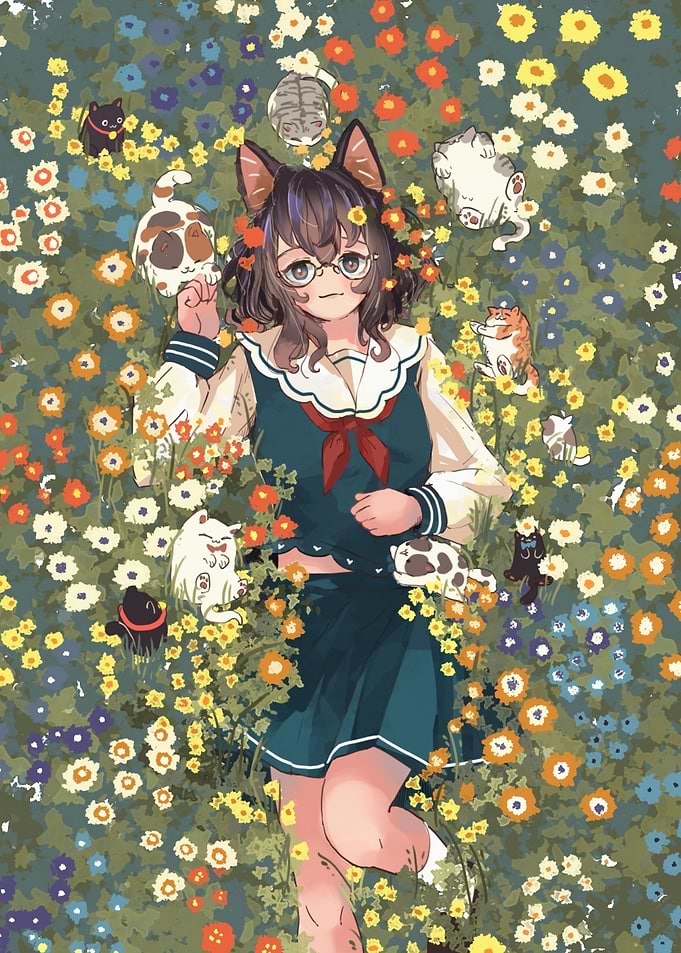 Anime Girl with Cats in Flowers