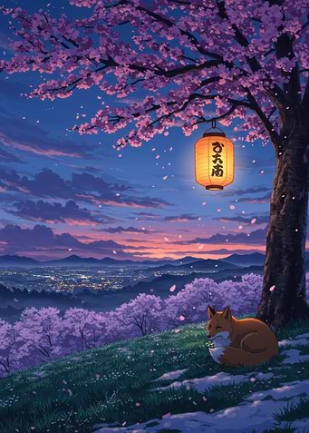 Fox under Cherry Tree with Lantern