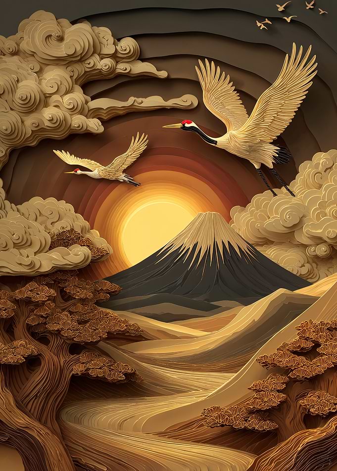 Japanese Landscape with Cranes and Mountain