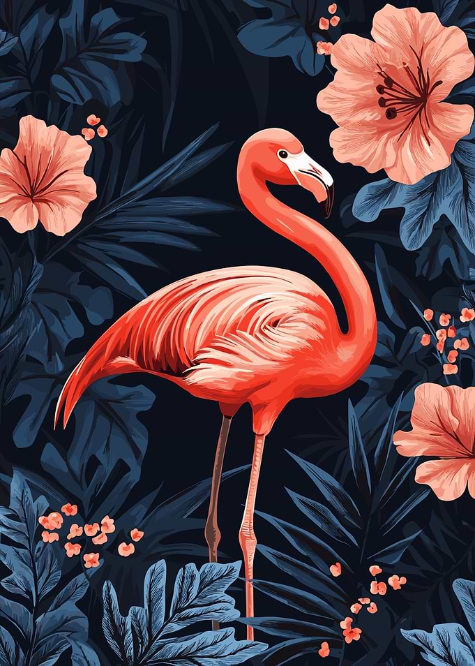 Flamingo with Floral and Foliage