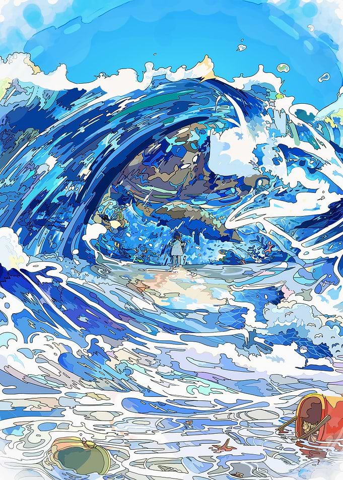 Blue Ocean Wave with Figure